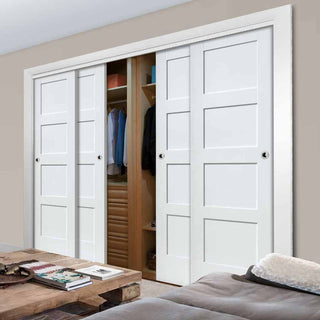 Image: Four Sliding Wardrobe Doors & Frame Kit - Shaker Door - White Primed