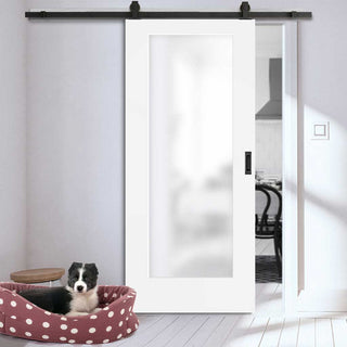 Image: Top Mounted Black Sliding Track & Door - Pattern 10 1 Pane Door - Obscure Glass - White Primed