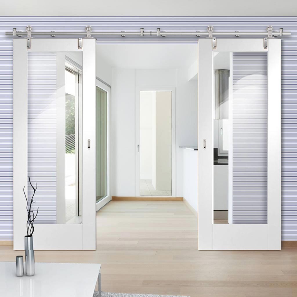 Sirius Tubular Stainless Steel Sliding Track & Pattern 10 1 Pane Double Door - Clear Glass - White Primed