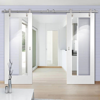 Image: Sirius Tubular Stainless Steel Sliding Track & Pattern 10 1 Pane Double Door - Clear Glass - White Primed