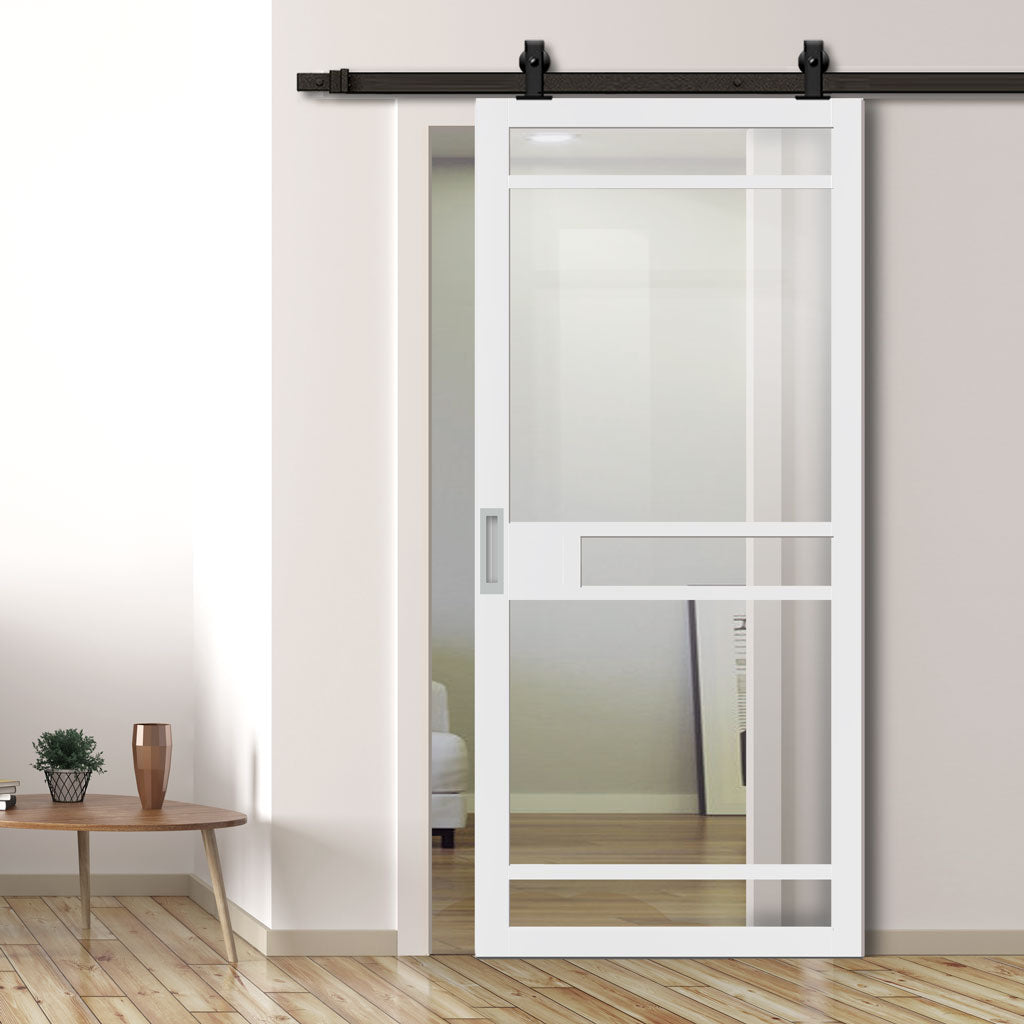 Top Mounted Black Sliding Track & Solid Wood Door - Eco-Urban® Sheffield 5 Pane Solid Wood Door DD6312G - Clear Glass - Cloud White Premium Primed