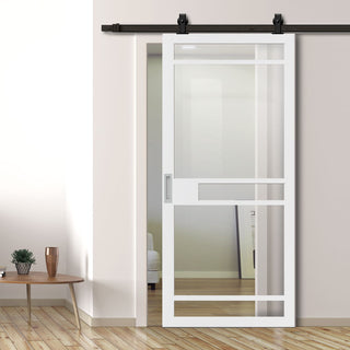 Image: Top Mounted Black Sliding Track & Solid Wood Door - Eco-Urban® Sheffield 5 Pane Solid Wood Door DD6312G - Clear Glass - Cloud White Premium Primed