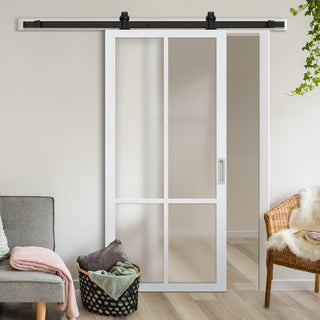 Image: Top Mounted Black Sliding Track & Solid Wood Door - Eco-Urban® Bronx 4 Pane Solid Wood Door DD6315SG - Frosted Glass - Cloud White Premium Primed
