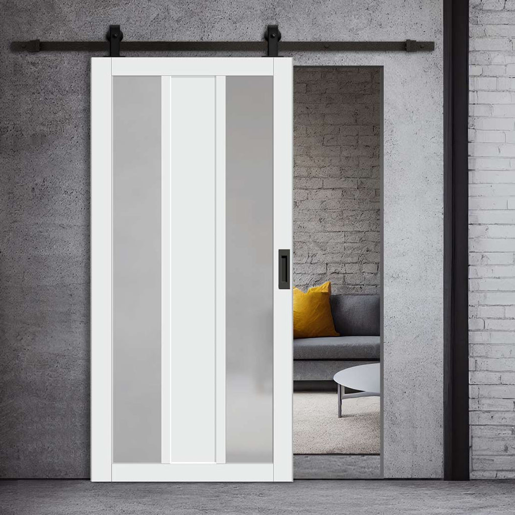 Top Mounted Black Sliding Track & Solid Wood Door - Eco-Urban® Avenue 2 Pane 1 Panel Solid Wood Door DD6410SG Frosted Glass - Cloud White Premium Primed