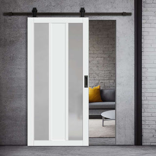 Image: Top Mounted Black Sliding Track & Solid Wood Door - Eco-Urban® Avenue 2 Pane 1 Panel Solid Wood Door DD6410SG Frosted Glass - Cloud White Premium Primed