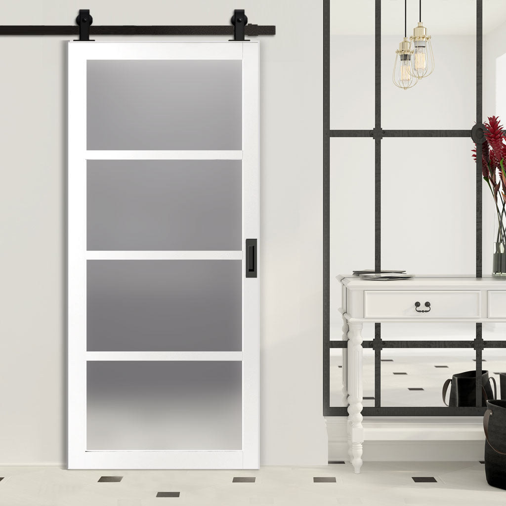 Top Mounted Black Sliding Track & Solid Wood Door - Eco-Urban® Brooklyn 4 Pane Solid Wood Door DD6308SG - Frosted Glass - Cloud White Premium Primed