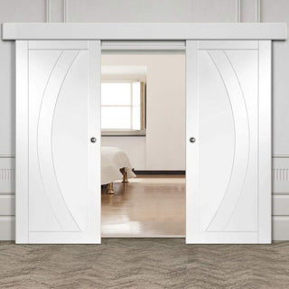 Image: Bespoke Thruslide Surface Salerno Flush - Sliding Double Door and Track Kit - White Primed