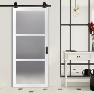 Image: Top Mounted Black Sliding Track & Solid Wood Door - Eco-Urban® Manchester 3 Pane Solid Wood Door DD6306SG - Frosted Glass - Cloud White Premium Primed