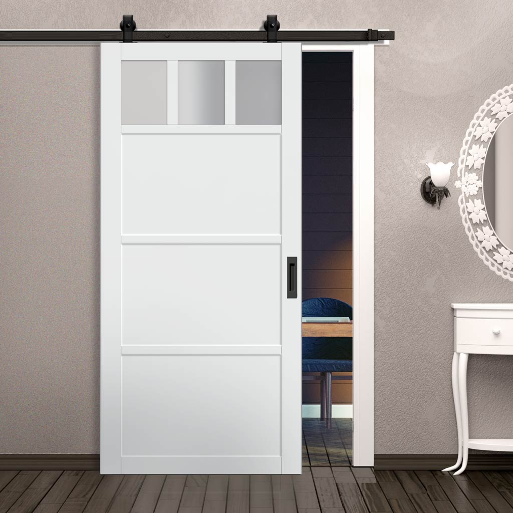 Top Mounted Black Sliding Track & Solid Wood Door - Eco-Urban® Lagos 3 Pane 3 Panel Solid Wood Door DD6427SG Frosted Glass - Cloud White Premium Primed