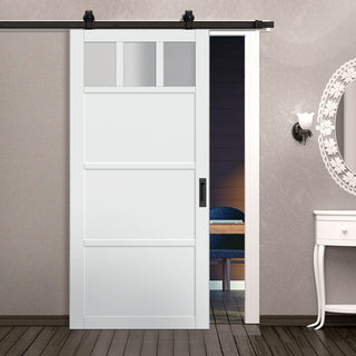 Image: Top Mounted Black Sliding Track & Solid Wood Door - Eco-Urban® Lagos 3 Pane 3 Panel Solid Wood Door DD6427SG Frosted Glass - Cloud White Premium Primed