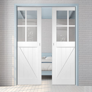 Image: Frame Ledged and Braced Cottage Double Evokit Pocket Door - Clear Glass - White Primed