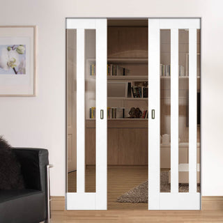 Image: Utah White Primed Panel Absolute Evokit Double Pocket Doors - Clear Glass - White Primed