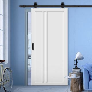 Image: Top Mounted Black Sliding Track & Solid Wood Door - Eco-Urban® Melville 3 Panel Solid Wood Door DD6409 - Cloud White Premium Primed