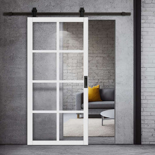 Image: Top Mounted Black Sliding Track & Solid Wood Door - Eco-Urban® Perth 8 Pane Solid Wood Door DD6318G - Clear Glass - Cloud White Premium Primed
