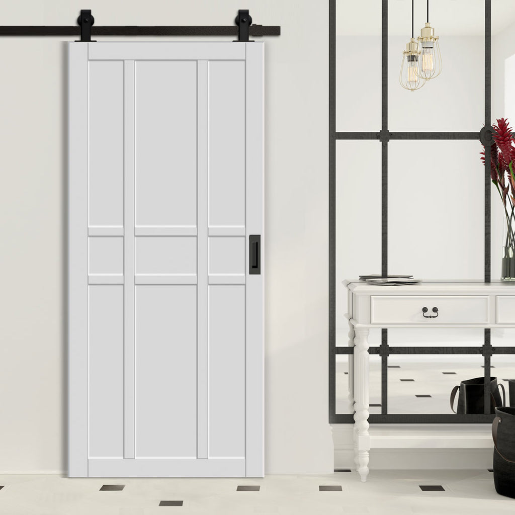 Top Mounted Black Sliding Track & Solid Wood Door - Eco-Urban® Tromso 9 Panel Solid Wood Door DD6402 - Cloud White Premium Primed