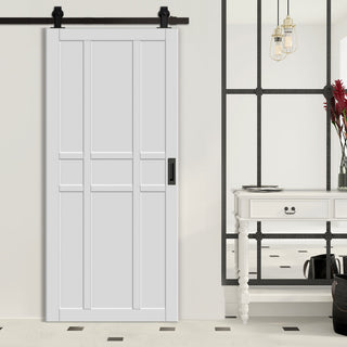 Image: Top Mounted Black Sliding Track & Solid Wood Door - Eco-Urban® Tromso 9 Panel Solid Wood Door DD6402 - Cloud White Premium Primed