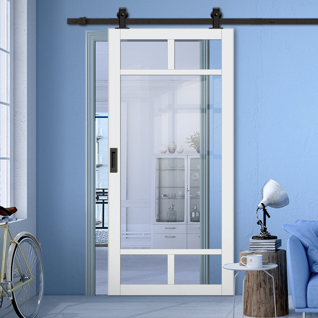 Top Mounted Black Sliding Track & Solid Wood Door - Eco-Urban® Sydney 5 Pane Solid Wood Door DD6417G Clear Glass - Cloud White Premium Primed