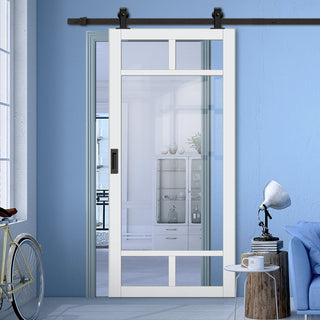 Image: Top Mounted Black Sliding Track & Solid Wood Door - Eco-Urban® Sydney 5 Pane Solid Wood Door DD6417G Clear Glass - Cloud White Premium Primed