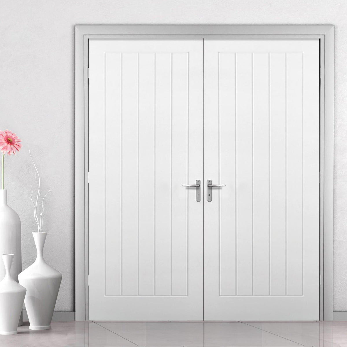Textured Vertical 5 Panel Door Pair - Primed