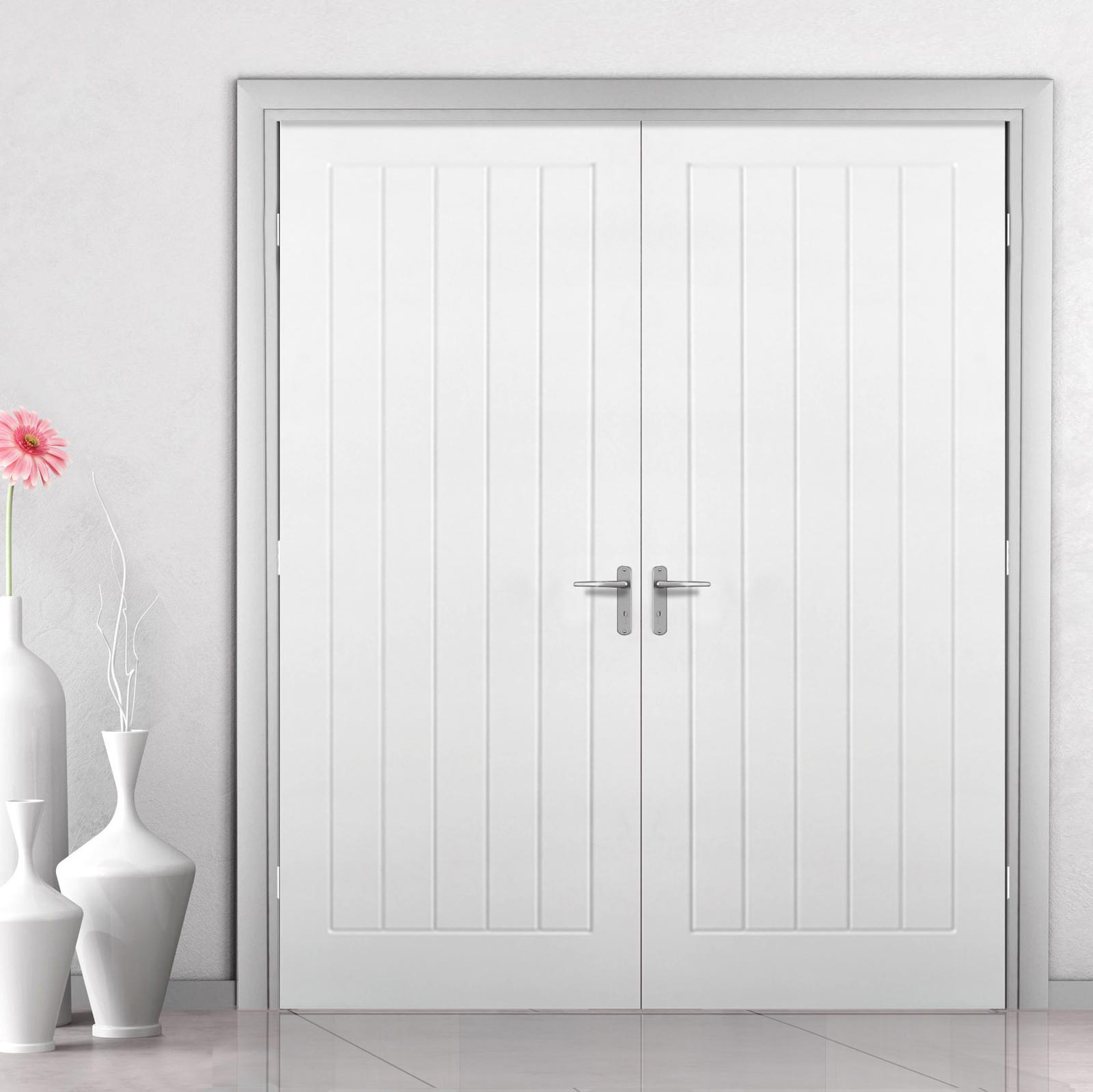 Textured Vertical 5 Panel Door Pair - Primed