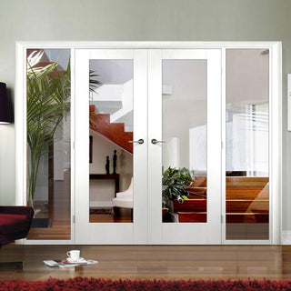 Image: ThruEasi White Room Divider - Pattern 10 Clear Glass Primed Door Pair with Full Glass Sides