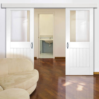 Image: Bespoke Thruslide Surface Suffolk Glazed - Sliding Double Door and Track Kit - White Primed