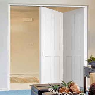 Image: Two Folding Doors & Frame Kit - Victorian Shaker 4 Panel 2+0 - White Primed