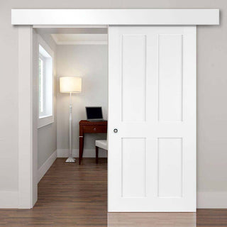 Image: Single Sliding Door & Wall Track - Victorian Shaker 4 Panel Door - White Primed