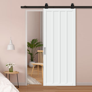 Image: Top Mounted Black Sliding Track & Solid Wood Door - Eco-Urban® Sintra 4 Panel Solid Wood Door DD6428 - Cloud White Premium Primed