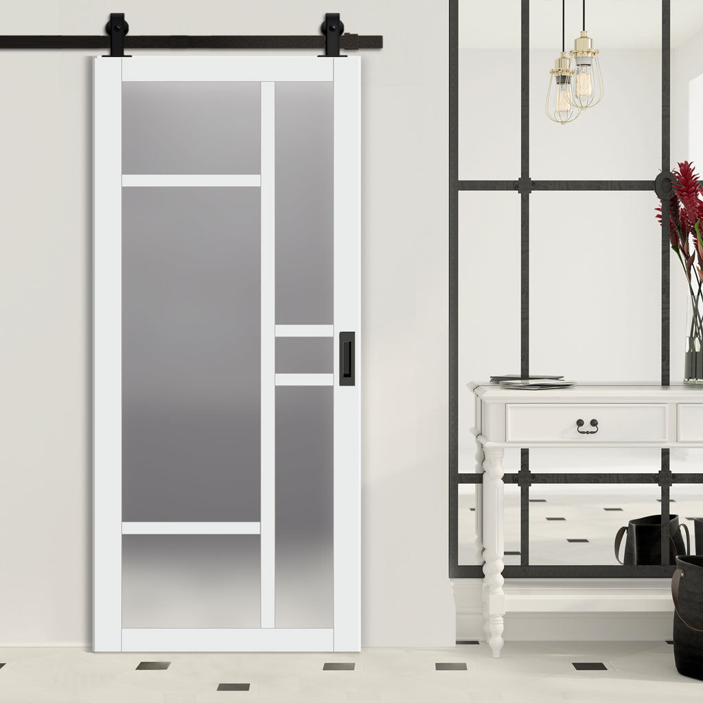 Top Mounted Black Sliding Track & Solid Wood Door - Eco-Urban® Isla 6 Pane Solid Wood Door DD6429SG Frosted Glass - Cloud White Premium Primed