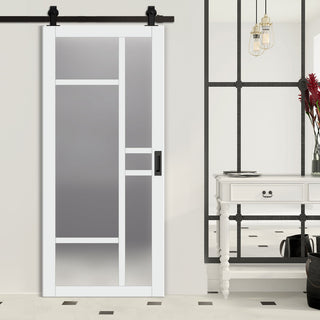 Image: Top Mounted Black Sliding Track & Solid Wood Door - Eco-Urban® Isla 6 Pane Solid Wood Door DD6429SG Frosted Glass - Cloud White Premium Primed