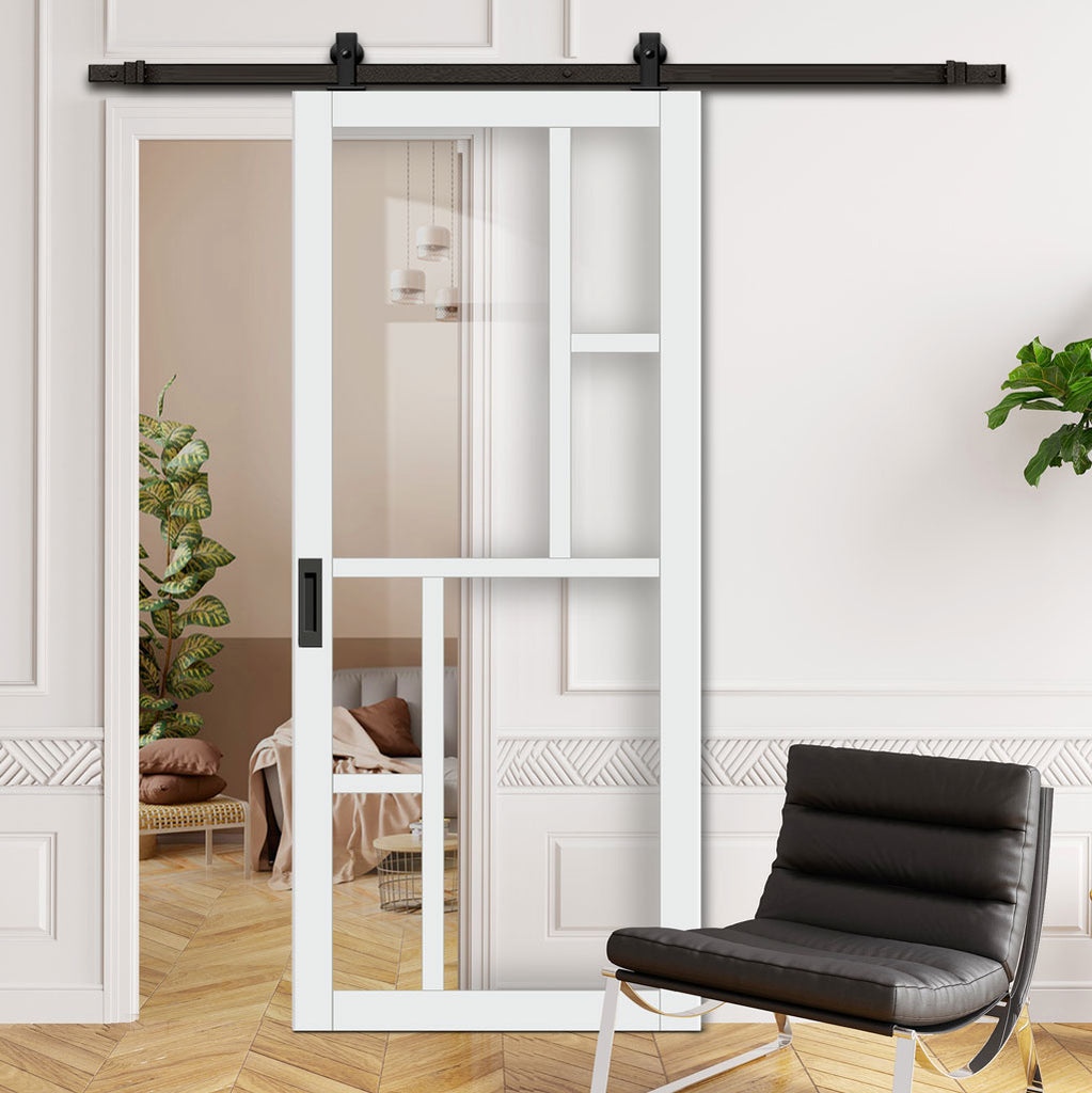 Top Mounted Black Sliding Track & Solid Wood Door - Eco-Urban® Cairo 6 Pane Solid Wood Door DD6419G Clear Glass - Cloud White Premium Primed