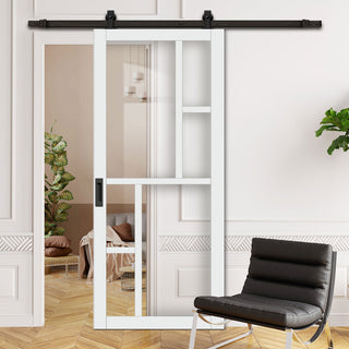 Image: Top Mounted Black Sliding Track & Solid Wood Door - Eco-Urban® Cairo 6 Pane Solid Wood Door DD6419G Clear Glass - Cloud White Premium Primed