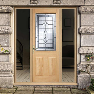 Image: Part L Compliant Winchester Exterior Oak Door and Frame Set - Part Frosted Double Glazing - Two Unglazed Side Screens, From LPD Joinery