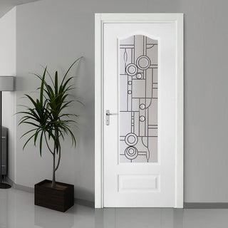 Image: White PVC windsor door with lightly grained faces callendar abstract style toughened clear glass 
