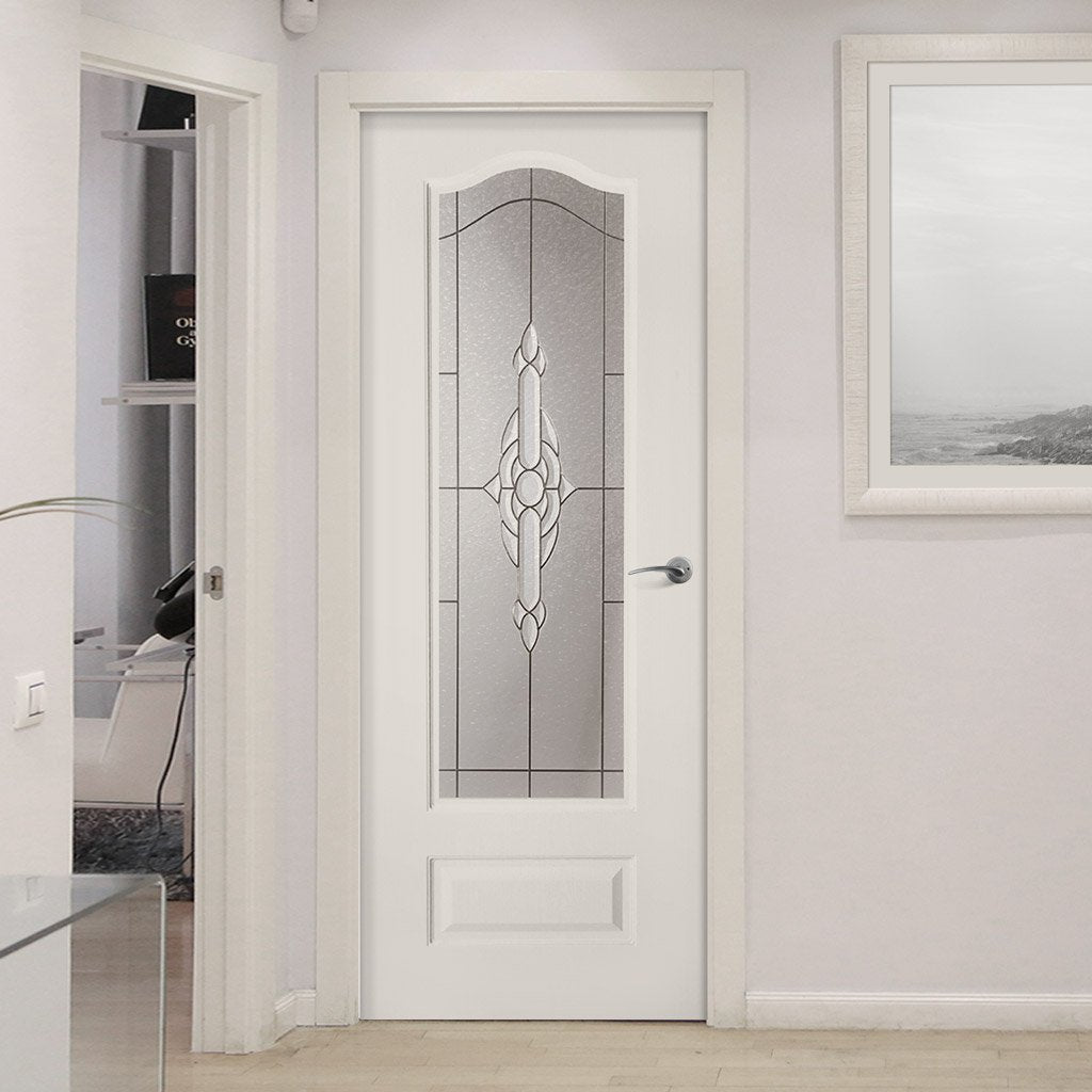 White PVC windsor door with lightly grained faces full reflection style toughened clear glass 