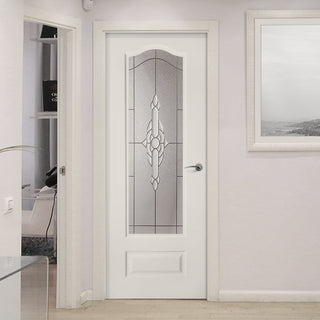 Image: White PVC windsor door with lightly grained faces full reflection style toughened clear glass 