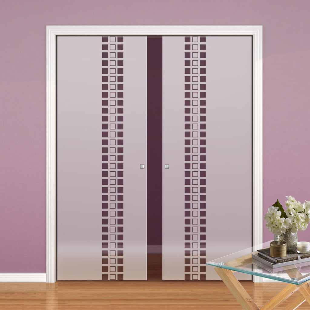 Winton 8mm Obscure Glass - Clear Printed Design - Double Evokit Pocket Door