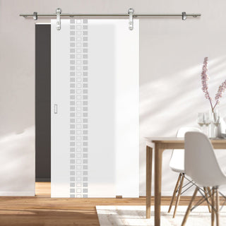Image: Single Glass Sliding Door - Solaris Tubular Stainless Steel Sliding Track & Winton 8mm Obscure Glass - Obscure Printed Design