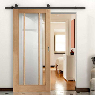 Image: Top Mounted Black Sliding Track & Door - Worcester Oak 3 Pane Door - Clear Glass - Prefinished