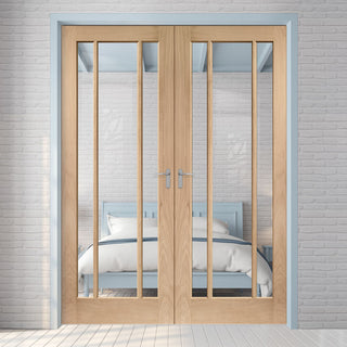Image: Worcester Oak 3 Pane Internal Door Pair - Clear Glass - Prefinished
