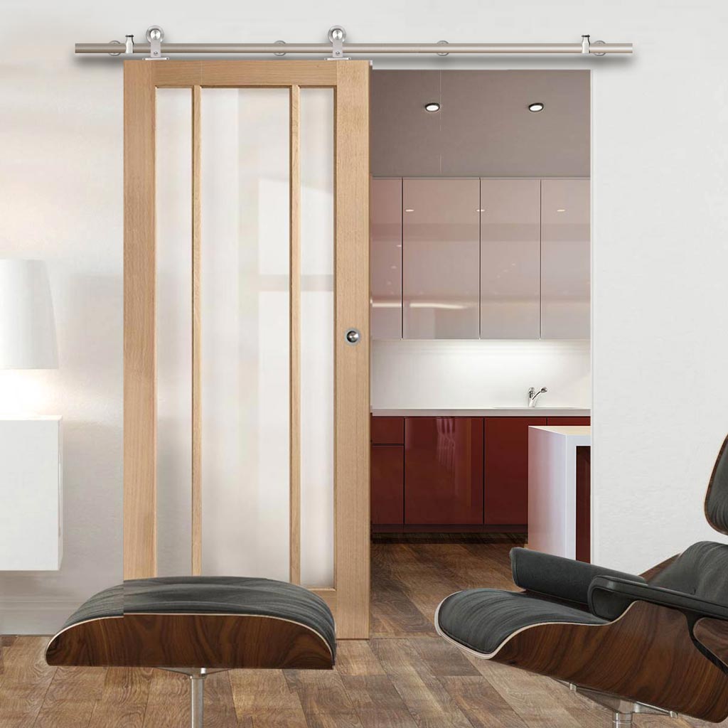 Sirius Tubular Stainless Steel Sliding Track & Worcester Oak 3 Pane Door - Clear Glass - Prefinished
