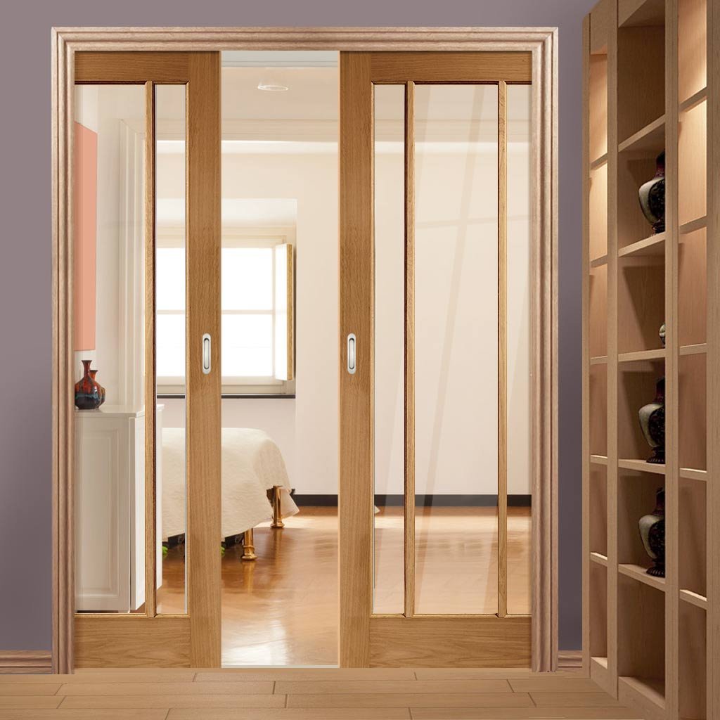 Worcester Oak 3 Pane Double Evokit Pocket Doors - Clear Glass - Prefinished