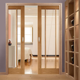 Image: Worcester Oak 3 Pane Double Evokit Pocket Doors - Clear Glass - Prefinished