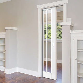 Image: Bespoke Worcester White Primed 3 Pane Single Pocket Door - Clear Glass