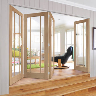 Image: Four Folding Doors & Frame Kit - Worcester Oak 3 Pane 3+1 - Clear Glass - Prefinished