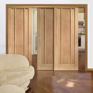 Image: Three Sliding Doors and Frame Kit - Worcester Oak 3 Panel Door - Unfinished