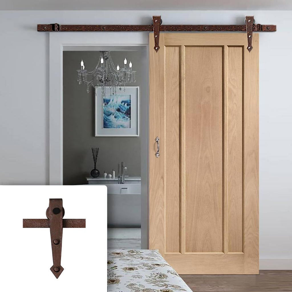 Single Sliding Door & Arrowhead Antique Rust Track - Worcester Oak 3 Panel Door - Prefinished