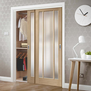 Image: Bespoke Thruslide Worcester Oak 3 Pane Glazed 2 Door Wardrobe and Frame Kit - Prefinished