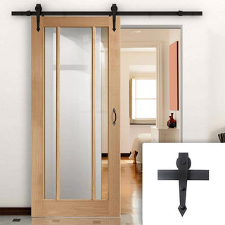 Image: Single Sliding Door & Arrowhead Black Track - Worcester Oak 3 Pane Door - Clear Glass - Prefinished